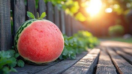 Halved watermelon, garden bench, sunset