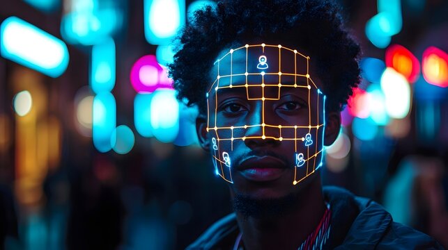 Futuristic facial recognition grid map overlaying the profile of an enigmatic moody figure in a neon soaked cityscape Conceptual digital technology AI and biometric identification