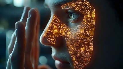 Close up of a human face with glowing intricate biometric recognition patterns highlighting the of technology and the human form in a surreal high tech digital art concept