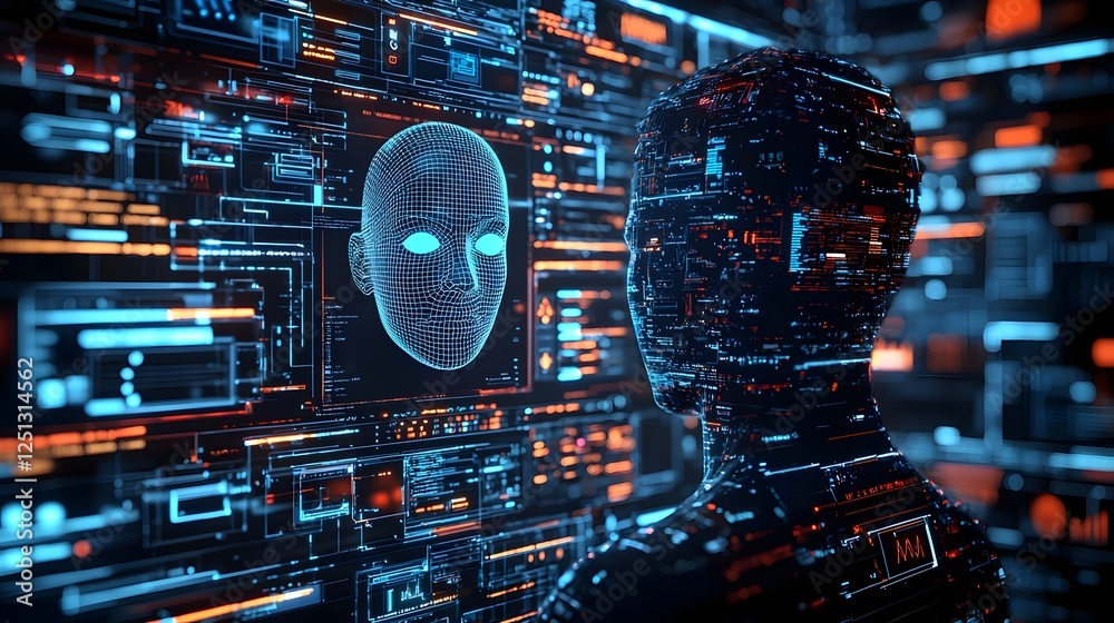 Poster digital interface displaying advanced facial recognition technology scanning a person s face for bio