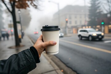 Hand Holding Coffee Cup on Foggy Street with Vehicles in Background