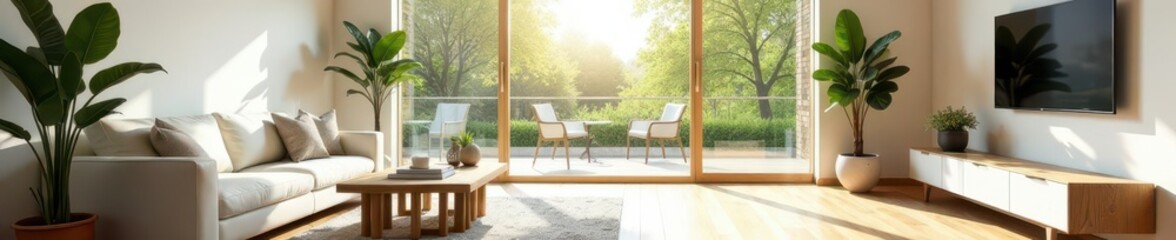 Naklejka premium Bright living room with large window, white walls, and natural wood accents, scandi, open plan, minimal