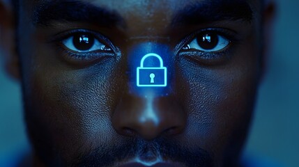 Digital Lock Icon Overlay on a Human Face During Biometric Facial Recognition Security Authentication Process  Futuristic Concept of Facial Scanning Technology for Access Control and Data Protection