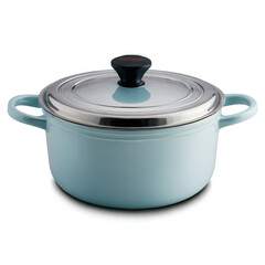 Blue Ceramic Cooking Pot with Stainless Steel Lid isolated on transparent background cutout
