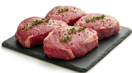 Fresh cuts of premium beef steaks garnished with herbs on a sleek black slate platter