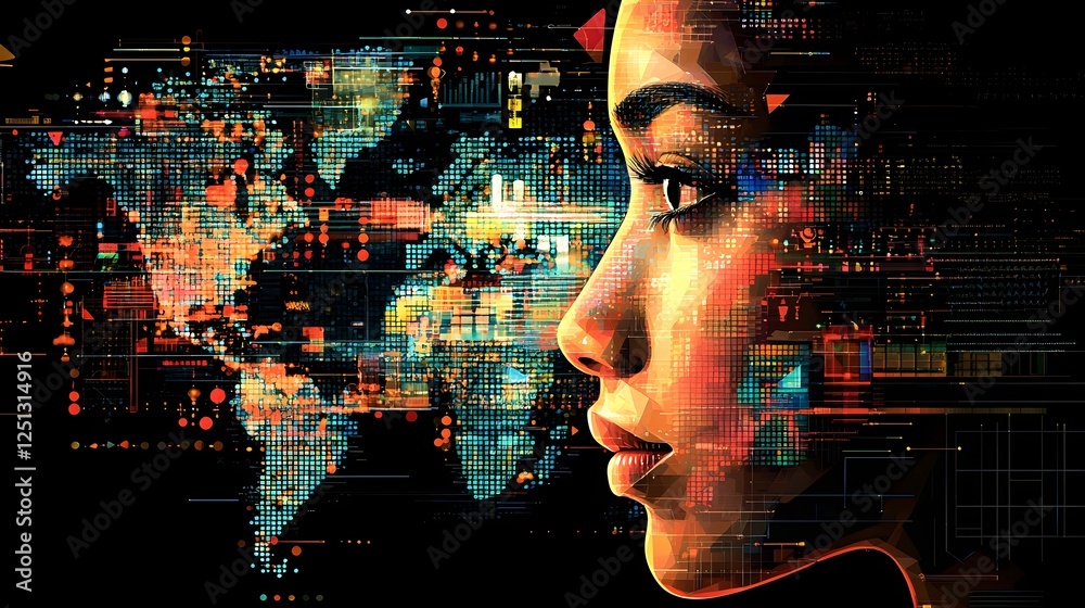 Poster high tech digital facial recognition scanning an abstract geometric face with futuristic patterns an