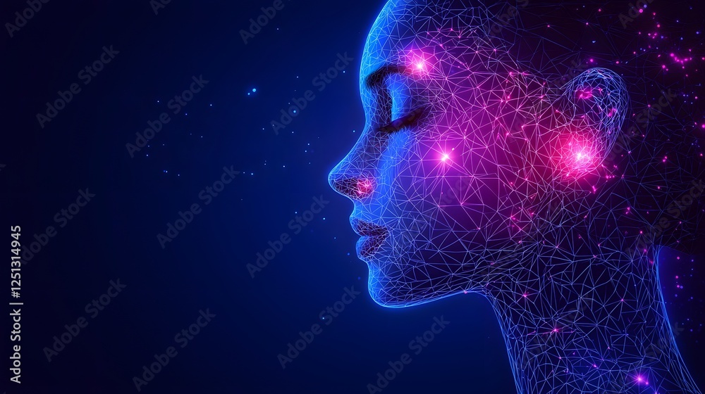 Poster 3d rendering of a high tech digital facial recognition system scanning an abstract face with glowing