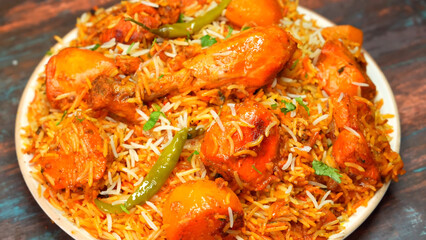Chicken Dum Biryani, a traditional Indian dish where tender chicken and fragrant basmati rice are layered and cooked on dum. A rich, flavorful delicacy loved in India, Pakistan, and the Middle East.