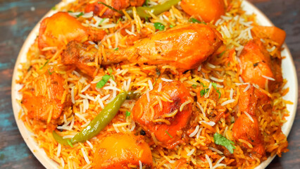 Chicken Dum Biryani, a traditional Indian dish where tender chicken and fragrant basmati rice are layered and cooked on dum. A rich, flavorful delicacy loved in India, Pakistan, and the Middle East.