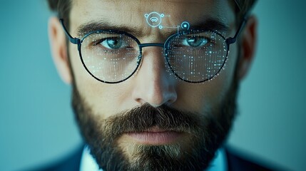 Futuristic facial recognition process analyzing facial features and data points on a human face using advanced digital technology cyberpunk style