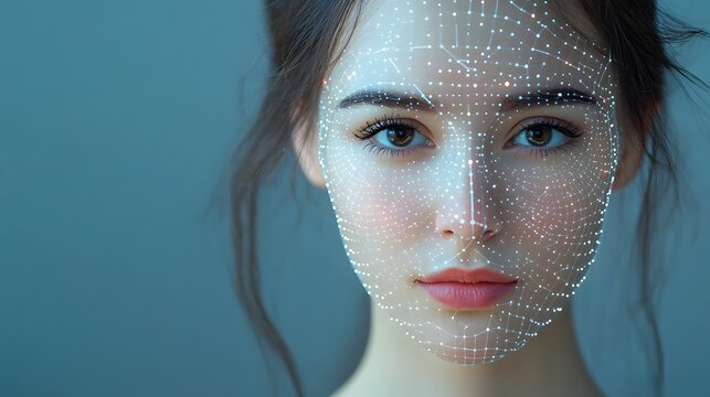 Futuristic facial recognition process analyzing facial features with data points for biometric security identity verification and advanced identification technology