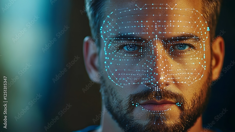 Poster this image depicts a futuristic facial recognition process that analyzes an individual s facial feat