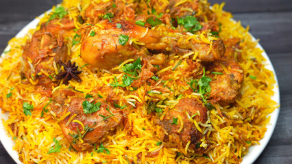 Chicken Dum Biryani, a traditional Indian dish where tender chicken and fragrant basmati rice are layered and cooked on dum. A rich, flavorful delicacy loved in India, Pakistan, and the Middle East.