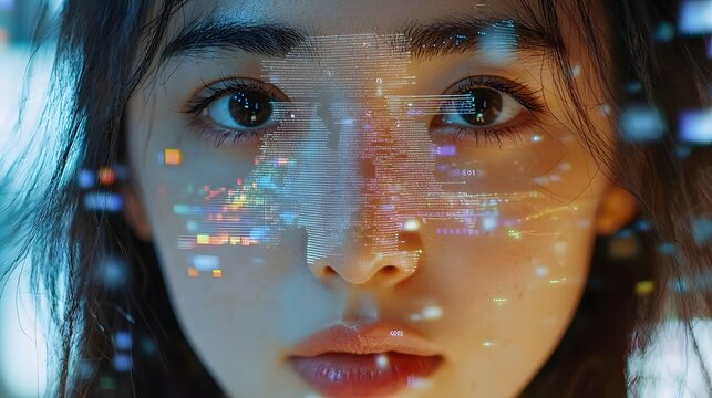 Close up view of a face with digital sensors scanning and processing facial recognition data for advanced biometric identification security and technology innovation - Powered by Adobe