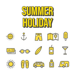Summer Holiday Vacation icon set bundling pack monoline flat icon