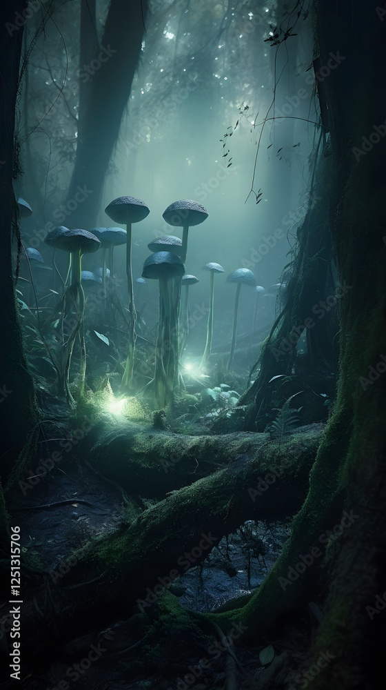 Aufkleber mystical enchanted forest with towering ancient trees, glowing bioluminescent fungi, ethereal mist s
