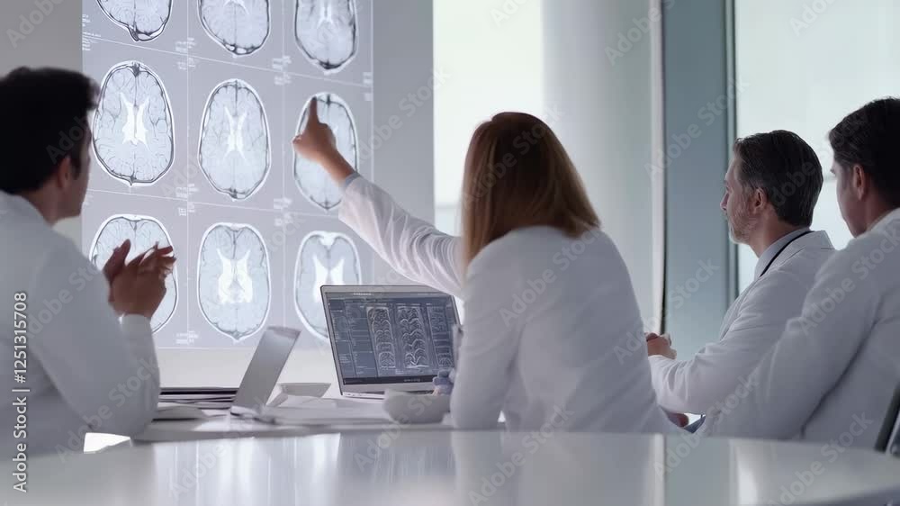 Aufkleber doctors and healthcare professionals discuss a series of brain scans displayed on a large screen, po