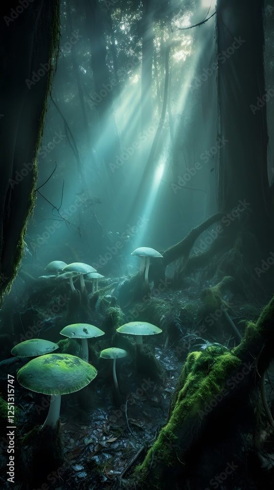Poster mystical enchanted forest with towering ancient trees, glowing bioluminescent fungi, ethereal mist s