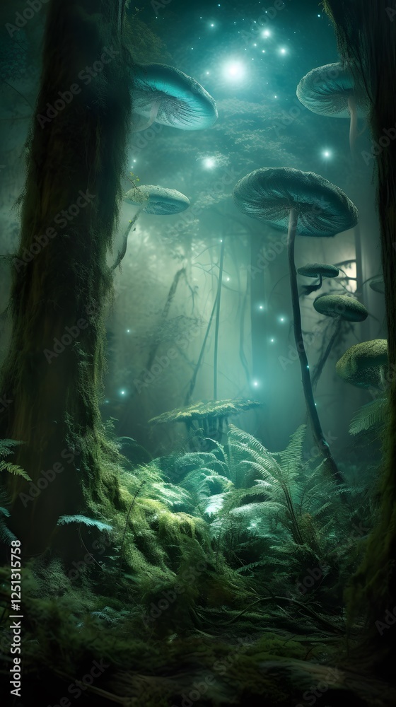 Poster mystical enchanted forest with towering ancient trees, glowing bioluminescent fungi, ethereal mist s