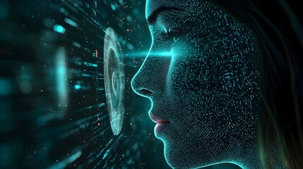 3D render of advanced facial recognition algorithms analyzing and mapping facial features biometric data and identity information in a futuristic neon lit digital landscape