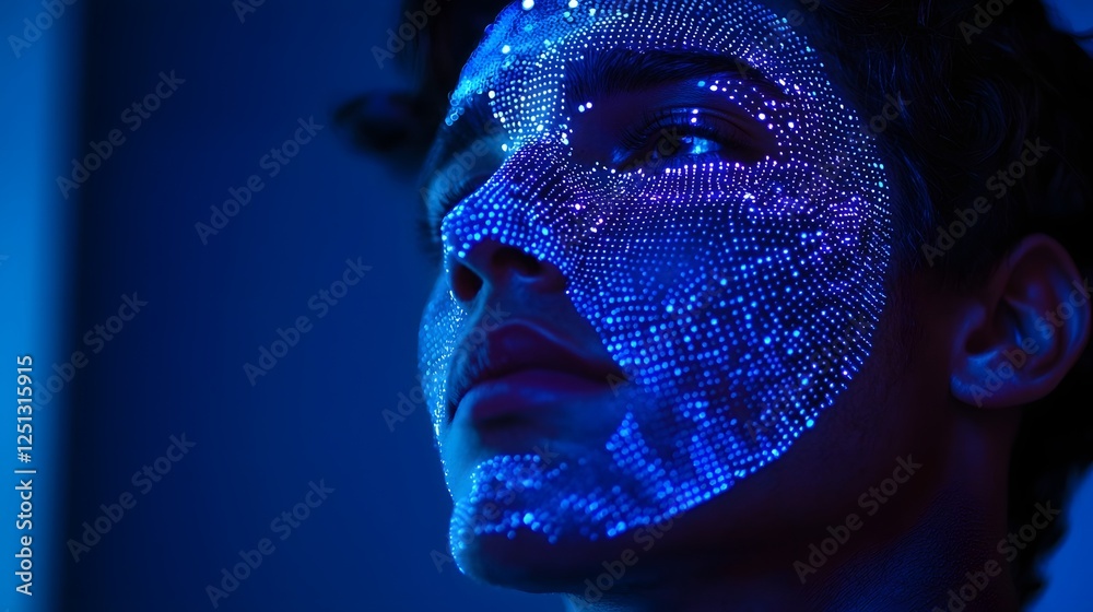 Poster futuristic facial recognition technology scanning a face with a high tech digital interface showcasi