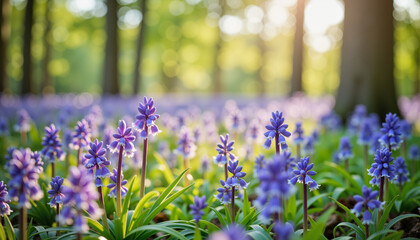 Naklejka premium Vibrant bluebells blooming in misty forest, nature's serenity