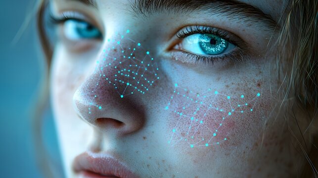 Close up portrait of a face with a digital overlay of facial recognition markers