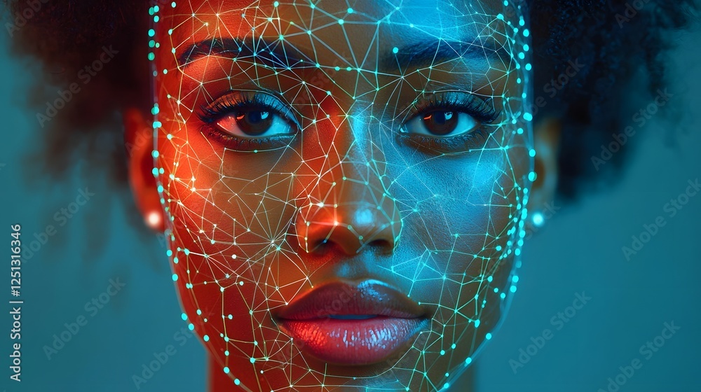 Poster futuristic digital abstract representation of facial recognition technology with data points and lin