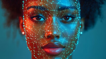 Futuristic digital abstract representation of facial recognition technology with data points and lines mapping the facial features and biometric data  Concept of intelligence cyber security