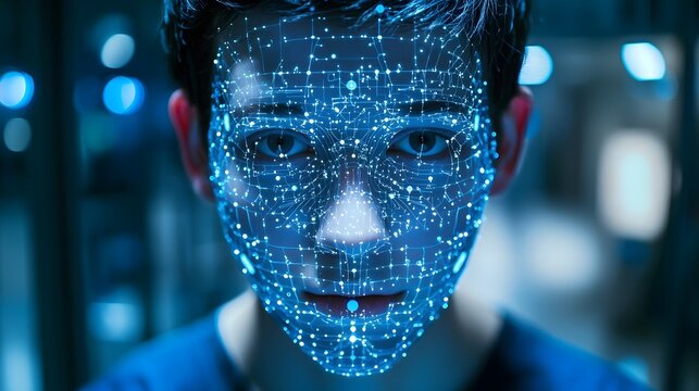 Futuristic facial recognition technology with abstract digital mapping of facial features and data points  Cybernetic and high tech elements visualizing biometric scanning security