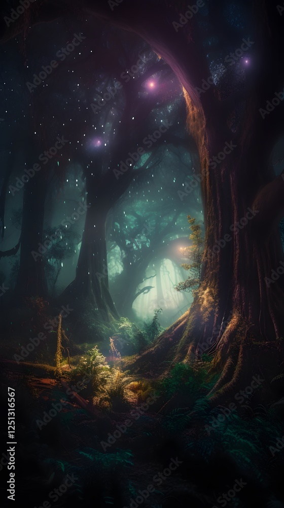 Aufkleber Mystical enchanted forest with towering ancient trees, glowing bioluminescent fungi, ethereal mist swirling at ground level, faint magical light beams filtering through the dense canopy, serene yet