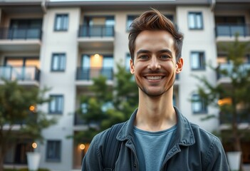 Happy male portrait in front of a modern residential apartment building