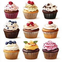 A Colorful Array of Delicious Cupcakes with Various Toppings and Flavors, Perfect for Celebrations, Desserts, and Sweet Treats Displayed in an Engaging Format