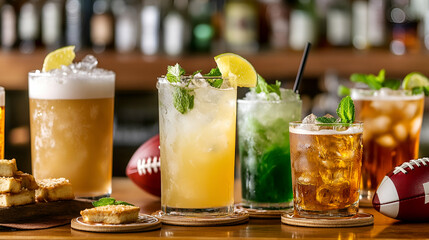 Refreshing cocktails and beer on a bar top with American footballs. Perfect for game day gatherings.