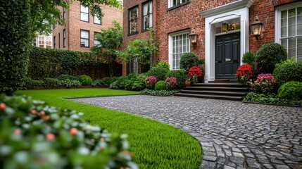 Obraz premium Brick house, garden, cobblestone path, spring flowers, real estate