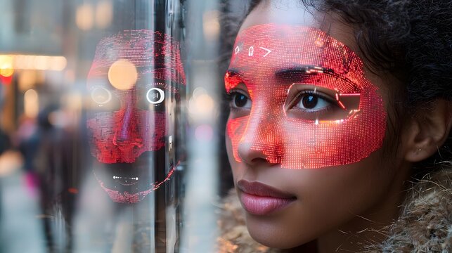 Futuristic view of advanced facial recognition technology seamlessly integrated into a smart device interface showcasing the cutting edge innovations in digital security biometrics and intelligence - Powered by Adobe