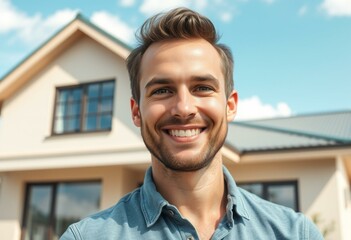 Photorealistic happy male portrait with private house background