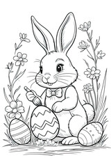 Easter bunny holding egg with flower background at line art drawing 