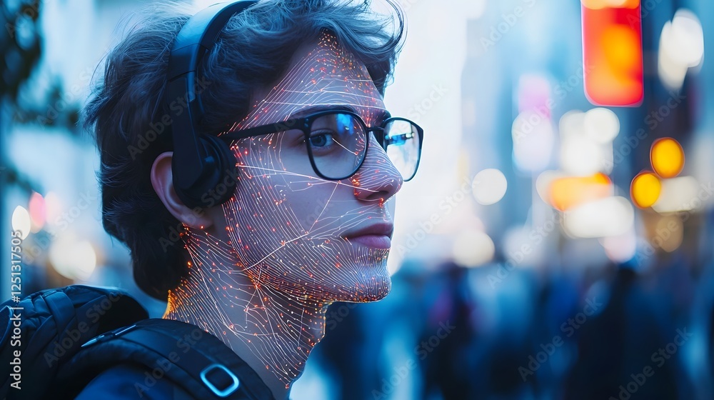 Poster cutting edge ai powered facial recognition system scanning a person s face with digital lines and pa