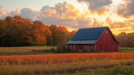 Aerial view of a red barn with solar panels in a rural setting with fields and trees on a sunny day, highlighting sustainable energy practices in agriculture.
