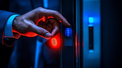 Hand using fingerprint scanner for access.