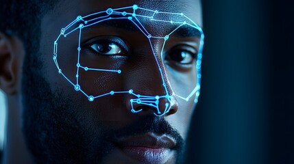 Close up view of a futuristic AI powered facial recognition system scanning a person s face with digital lines and patterns