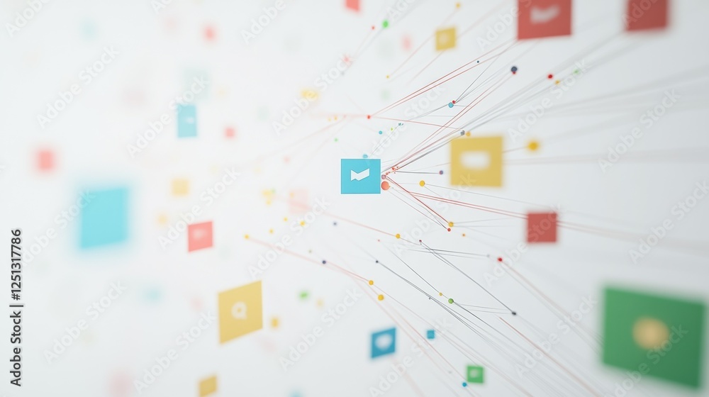 Poster a visual representation of abstract data flow with interconnected nodes and documents against a plai