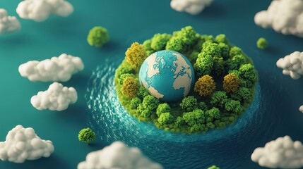 Carbon offset strategies concept art flat design top view climate action theme 3D render Triadic Color Scheme.