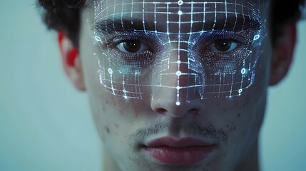 Digital portrait of a human face with a futuristic holographic facial recognition grid and advanced technology interface  Concept of biometric intelligence and the future of digital identity
