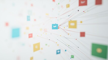 A visual representation of abstract data flow with interconnected nodes and documents against a plain white background.