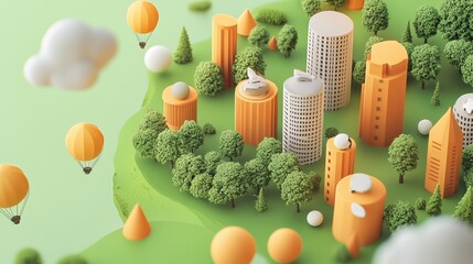 Carbon offset strategies concept art flat design top view climate action theme 3D render Triadic Color Scheme.