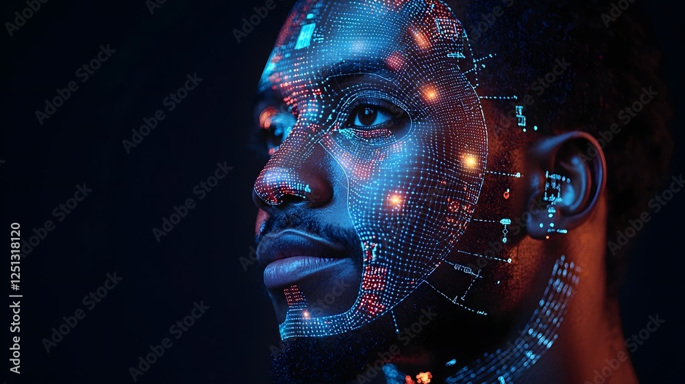 Poster detailed digital face scan with highlighted facial features and real time data analysis showcasing t
