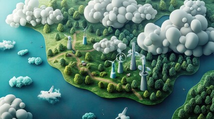 Carbon offset strategies concept art flat design top view climate action theme 3D render Triadic Color Scheme.