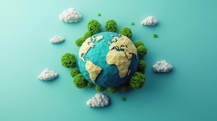 Carbon offset strategies concept art flat design top view climate action theme 3D render Triadic Color Scheme.